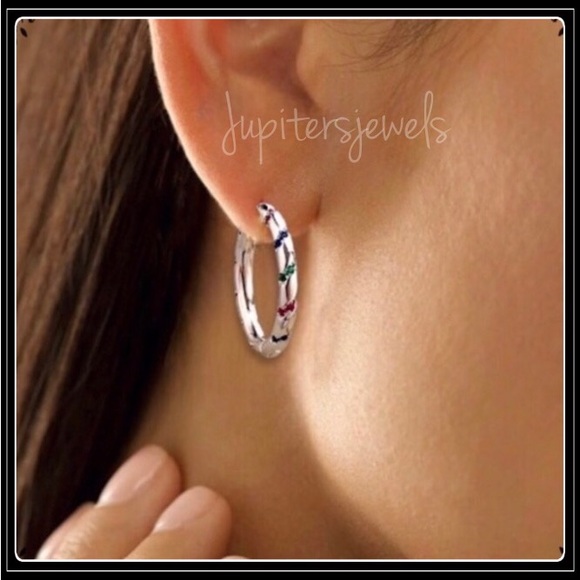 NEW 925 SILVER CANDY STRIPES RAINBOW SIMULATED SAPPHIRE HOOP HUGGIE EARRINGS - Picture 3 of 4